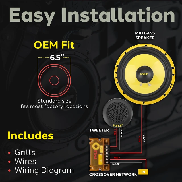 Alt view image 7 of 7 - Pyle 2 Way Custom Component Speaker System - 6.5 400 Watt, with Electroplated Plastic Basket, Butyl Rubber Surround & 40 Oz Magnet Structure - Wire Installation Hardware Set Included - PLG6C, Yellow