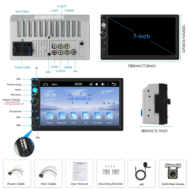 Alt view image 7 of 7 - CAMECHO 7 inch Car Stereo Double Din Radio with Backup Camera Touch Screen Radio Car Audio Receivers Support Mirror Link, Bluetooth, FM/EQ/USB/TF/AUX-in MP5 Multimedia Player 2 Din Head Unit