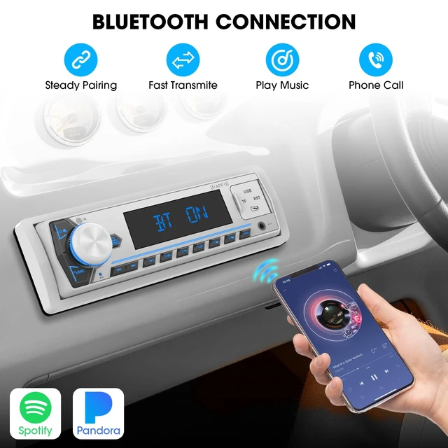 Alt view image 2 of 7 - Single Din Bluetooth Marine Radio: Indash Car Stereo Receiver for Boat | Digital LCD Display AM FM AUX SD USB Fast Charging 2 Subwoofer Outputs