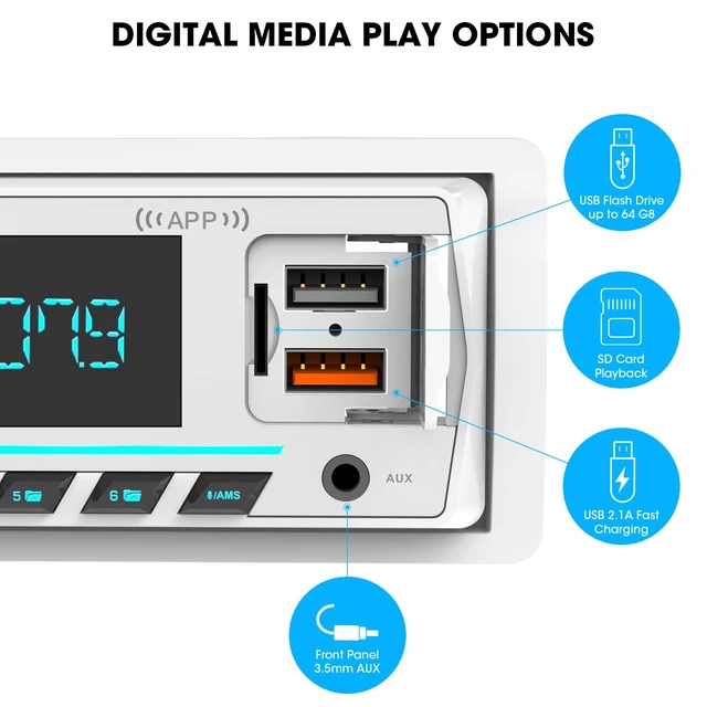 Alt view image 3 of 7 - Single Din Bluetooth Marine Radio: Indash Car Stereo Receiver for Boat | Digital LCD Display AM FM AUX SD USB Fast Charging 2 Subwoofer Outputs