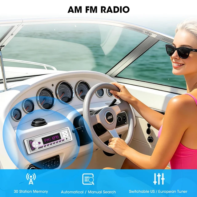 Alt view image 6 of 7 - Single Din Bluetooth Marine Radio: Indash Car Stereo Receiver for Boat | Digital LCD Display AM FM AUX SD USB Fast Charging 2 Subwoofer Outputs