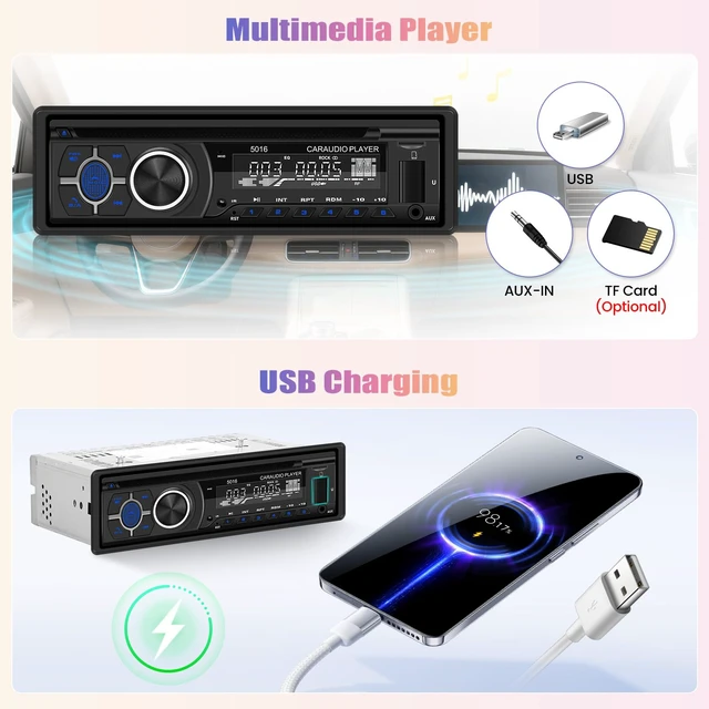 Alt view image 7 of 7 - Camecho Single Din Car Stereo, Bluetooth 5.1 Car Audio Receiver with CD DVD Player, AM/FM Radio, Car Locator, USB/TF/AUX Input, 60W x 4 Output