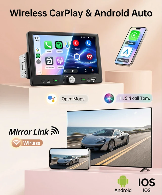 Alt view image 2 of 6 - KYNNT 7 inch Single Din Car Stereo Wired Carplay Android Auto | 1 Din Radio HD 1024×600 Touch Screen Radio Bluetooth 5.0, Mirror Link SWC FM EQ, USB Type-C, Car Stereo Receiver