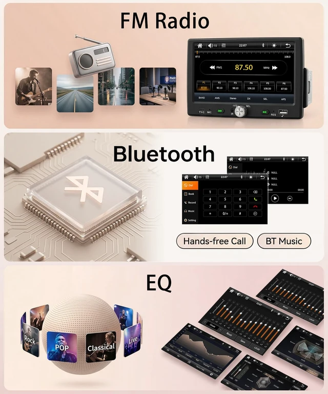 Alt view image 4 of 6 - KYNNT 7 inch Single Din Car Stereo Wired Carplay Android Auto | 1 Din Radio HD 1024×600 Touch Screen Radio Bluetooth 5.0, Mirror Link SWC FM EQ, USB Type-C, Car Stereo Receiver