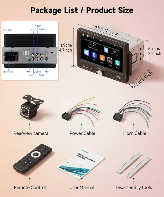 Alt view image 6 of 6 - KYNNT 7 inch Single Din Car Stereo Wired Carplay Android Auto | 1 Din Radio HD 1024×600 Touch Screen Radio Bluetooth 5.0, Mirror Link SWC FM EQ, USB Type-C, Car Stereo Receiver