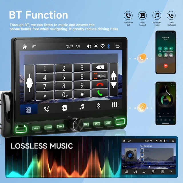 Alt view image 3 of 7 - 7 Inch Single Din Car Stereo - Wireless CarPlay & Android Auto, Mirror Link, Steering Wheel Control, Bluetooth, FM Radio, 7 Color Lights, EQ Adjustment, Online Video Support for Most Vehicles
