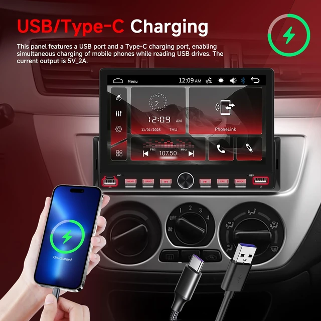 Alt view image 3 of 7 - 7 Inch Single Din Car Stereo with Mirror Link, Steering Wheel Control, Bluetooth, FM Radio, 7 Color Lights, EQ Adjustment, Online Video Support for Most Vehicles