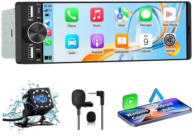 Main image of Pyniro Single Din Radio Car Stereo with Wireless CarPlay & Android Auto | 6.36" IPS Touchscreen, Backup Camera, External Microphone, Bluetooth, SWC, FM Radio, EQ, Double USB, Type-C