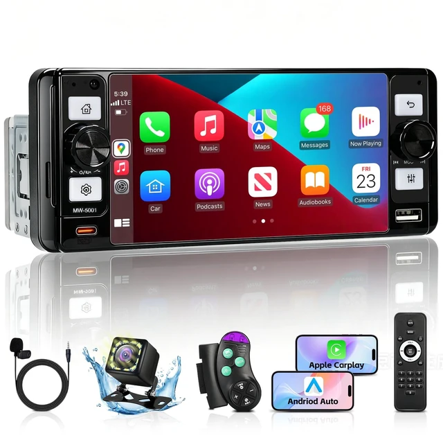 Main image of Single Din Radio Car Stereo with Wireless Apple Carplay & Android Auto, 5.7" IPS Touchscreen Car Stereo with Bluetooth 1080P Backup Camera Mirror Link Navigation Type-C Fast Chaging USB FM/AM EQ Mic