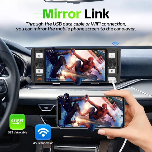 Alt view image 3 of 7 - Single Din Radio Car Stereo with Wireless Apple Carplay & Android Auto, 5.7" IPS Touchscreen Car Stereo with Bluetooth 1080P Backup Camera Mirror Link Navigation Type-C Fast Chaging USB FM/AM EQ Mic