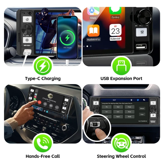 Alt view image 7 of 7 - Single Din Radio Car Stereo with Wireless Apple Carplay & Android Auto, 5.7" IPS Touchscreen Car Stereo with Bluetooth 1080P Backup Camera Mirror Link Navigation Type-C Fast Chaging USB FM/AM EQ Mic