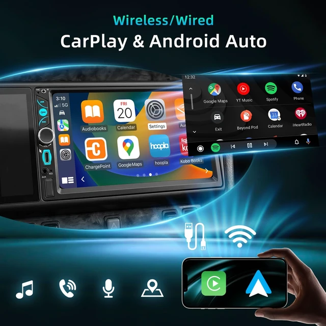 Alt view image 3 of 7 - Double Din Car Stereo with 7" HD Touchscreen, Wireless Carplay & Android Auto, Double Din Radio Support Backup Camera, Bluetooth, Car Audio Receivers, Mirror Link, Type-C, FM/AM/RDS