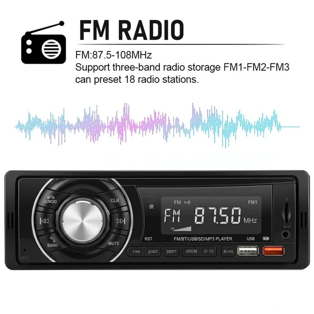 Alt view image 4 of 7 - Car Radio Bluetooth Single Din Headunit - MP3 Player with Hands-Free Calling, Wireless Audio Receiver Stereo Music Streaming, Fast Charging, FM/USB/TF/AUX Port, 7-Color Backlight, Clock Display