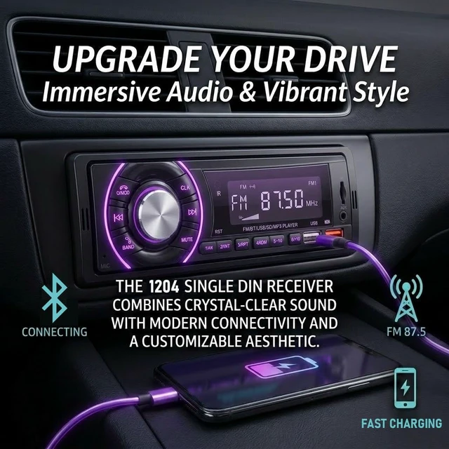 Alt view image 6 of 7 - Car Radio Bluetooth Single Din Headunit - MP3 Player with Hands-Free Calling, Wireless Audio Receiver Stereo Music Streaming, Fast Charging, FM/USB/TF/AUX Port, 7-Color Backlight, Clock Display