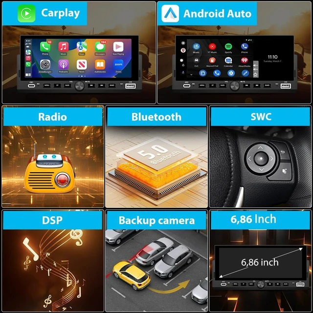Alt view image 2 of 7 - Pyniro Single Din Car Radio with Wireless CarPlay & Android Auto 6.86 Inch