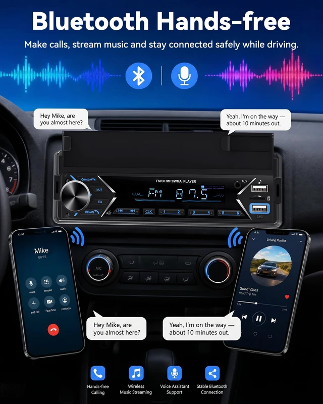 Alt view image 2 of 7 - Single DIN Car Stereo Bluetooth Car Radio with Phone Holder & Wireless MIC | Car Mp3 Player FM/MP3/AUX Dual USB SWC Colorful Lights