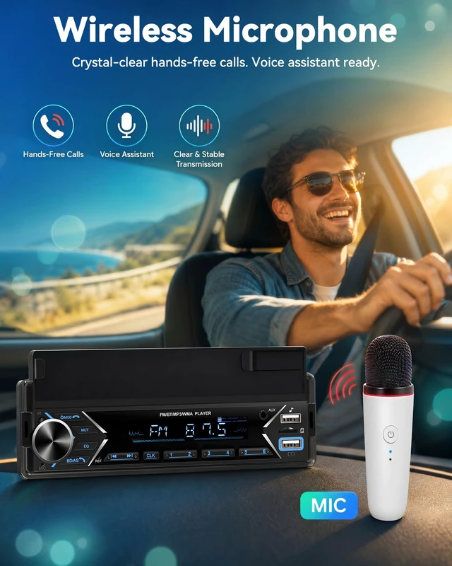 Alt view image 3 of 7 - Single DIN Car Stereo Bluetooth Car Radio with Phone Holder & Wireless MIC | Car Mp3 Player FM/MP3/AUX Dual USB SWC Colorful Lights