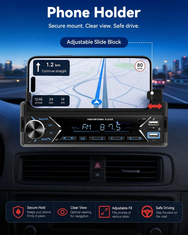 Alt view image 4 of 7 - Single DIN Car Stereo Bluetooth Car Radio with Phone Holder & Wireless MIC | Car Mp3 Player FM/MP3/AUX Dual USB SWC Colorful Lights
