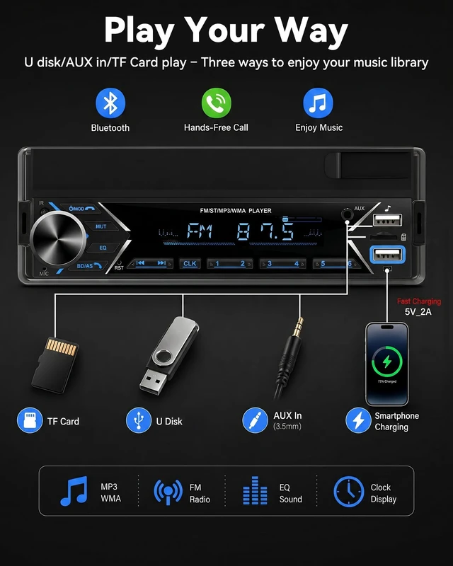 Alt view image 5 of 7 - Single DIN Car Stereo Bluetooth Car Radio with Phone Holder & Wireless MIC | Car Mp3 Player FM/MP3/AUX Dual USB SWC Colorful Lights