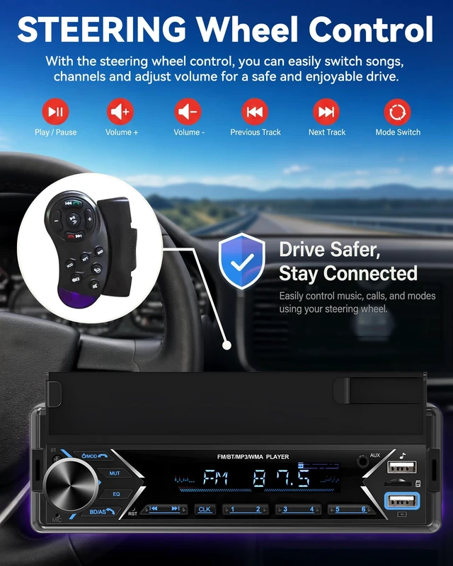 Alt view image 6 of 7 - Single DIN Car Stereo Bluetooth Car Radio with Phone Holder & Wireless MIC | Car Mp3 Player FM/MP3/AUX Dual USB SWC Colorful Lights