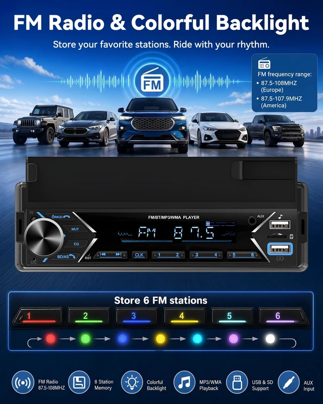 Alt view image 7 of 7 - Single DIN Car Stereo Bluetooth Car Radio with Phone Holder & Wireless MIC | Car Mp3 Player FM/MP3/AUX Dual USB SWC Colorful Lights
