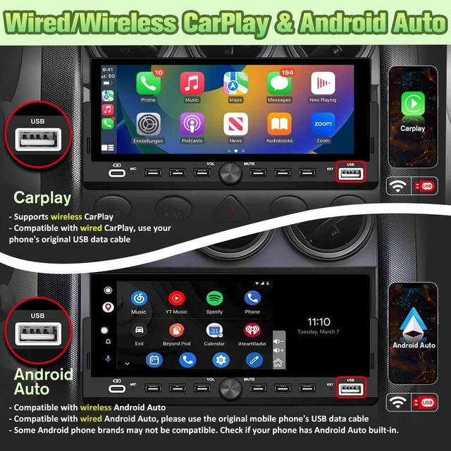 Alt view image 3 of 7 - Pyniro Single Din Radio Car Stereo with Wireless CarPlay & Android Auto | 6.86" IPS Touch Screen, Backup Camera, External Microphone, Bluetooth, SWC, FM, USB, RGB Button Backlighting