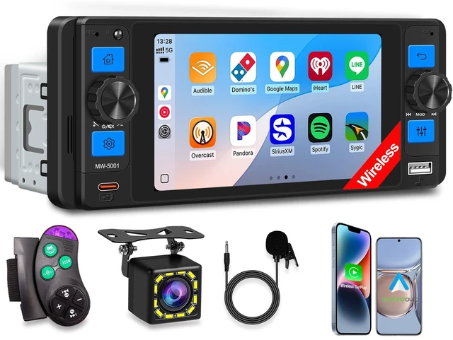 Main image of Single Din Car Stereo with Wireless Apple CarPlay, 5" Touchscreen Car Radio | Car Bluetooth 5.2, IPS touch screen, Android Auto, Car Backup Camera, GPS, USB & Type-C, FM/AM/RDS