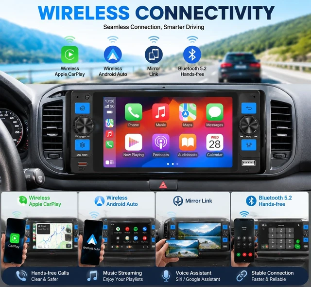 Alt view image 2 of 7 - Single Din Car Stereo with Wireless Apple CarPlay, 5" Touchscreen Car Radio | Car Bluetooth 5.2, IPS touch screen, Android Auto, Car Backup Camera, GPS, USB & Type-C, FM/AM/RDS