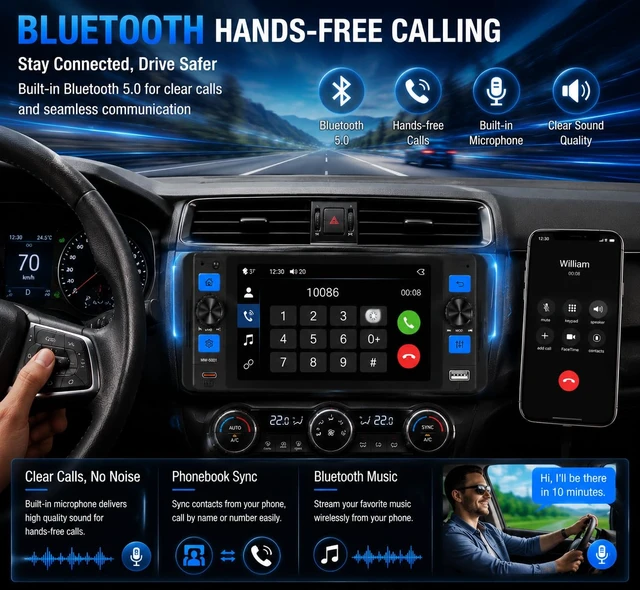 Alt view image 3 of 7 - Single Din Car Stereo with Wireless Apple CarPlay, 5" Touchscreen Car Radio | Car Bluetooth 5.2, IPS touch screen, Android Auto, Car Backup Camera, GPS, USB & Type-C, FM/AM/RDS
