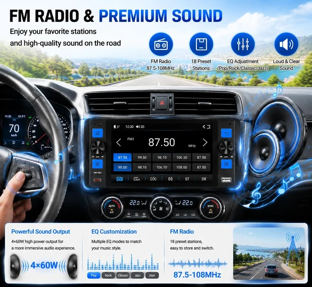 Alt view image 4 of 7 - Single Din Car Stereo with Wireless Apple CarPlay, 5" Touchscreen Car Radio | Car Bluetooth 5.2, IPS touch screen, Android Auto, Car Backup Camera, GPS, USB & Type-C, FM/AM/RDS