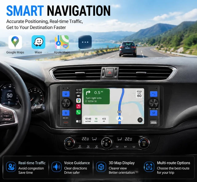 Alt view image 5 of 7 - Single Din Car Stereo with Wireless Apple CarPlay, 5" Touchscreen Car Radio | Car Bluetooth 5.2, IPS touch screen, Android Auto, Car Backup Camera, GPS, USB & Type-C, FM/AM/RDS