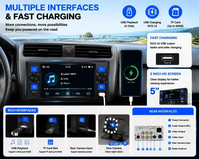 Alt view image 7 of 7 - Single Din Car Stereo with Wireless Apple CarPlay, 5" Touchscreen Car Radio | Car Bluetooth 5.2, IPS touch screen, Android Auto, Car Backup Camera, GPS, USB & Type-C, FM/AM/RDS