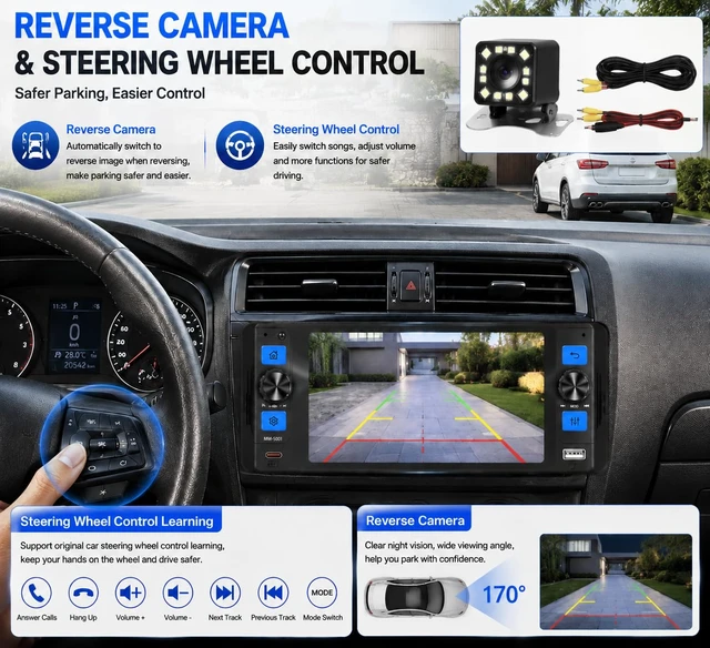 Alt view image 6 of 7 - Single Din Car Stereo with Wireless Apple CarPlay, 5" Touchscreen Car Radio | Car Bluetooth 5.2, IPS touch screen, Android Auto, Car Backup Camera, GPS, USB & Type-C, FM/AM/RDS