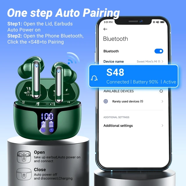 Alt view image 3 of 7 - Wireless Earbuds, Bluetooth 5.4 ear buds with 4 ENC Noise Cancelling Mics, Bluetooth Earbuds with 48H Playtime, IPX7 Waterproof Workout earbuds, Green headphones HiFi Sound LED Display for iOS Android