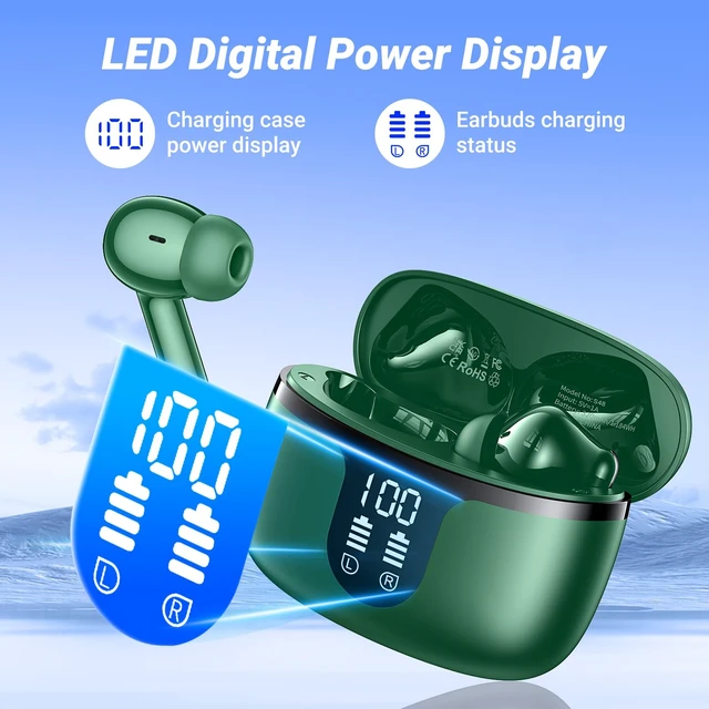 Alt view image 5 of 7 - Wireless Earbuds, Bluetooth 5.4 ear buds with 4 ENC Noise Cancelling Mics, Bluetooth Earbuds with 48H Playtime, IPX7 Waterproof Workout earbuds, Green headphones HiFi Sound LED Display for iOS Android