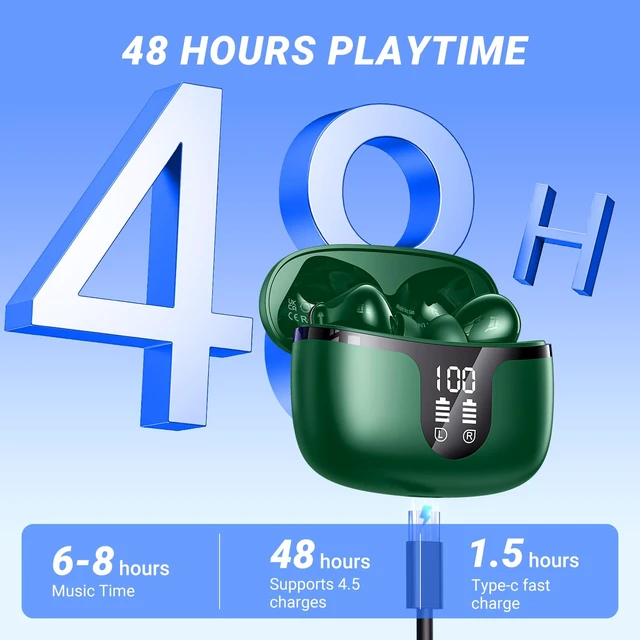 Alt view image 7 of 7 - Wireless Earbuds, Bluetooth 5.4 ear buds with 4 ENC Noise Cancelling Mics, Bluetooth Earbuds with 48H Playtime, IPX7 Waterproof Workout earbuds, Green headphones HiFi Sound LED Display for iOS Android