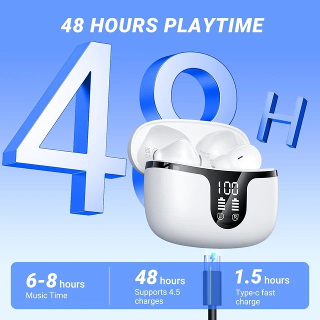 Alt view image 4 of 7 - Wireless Earbuds, Bluetooth 5.4 ear buds with 4 ENC Noise Cancelling Mics, Bluetooth Earbuds with 48H Playtime, IPX7 Waterproof Workout earbuds, White headphones HiFi Sound LED Display for iOS Android