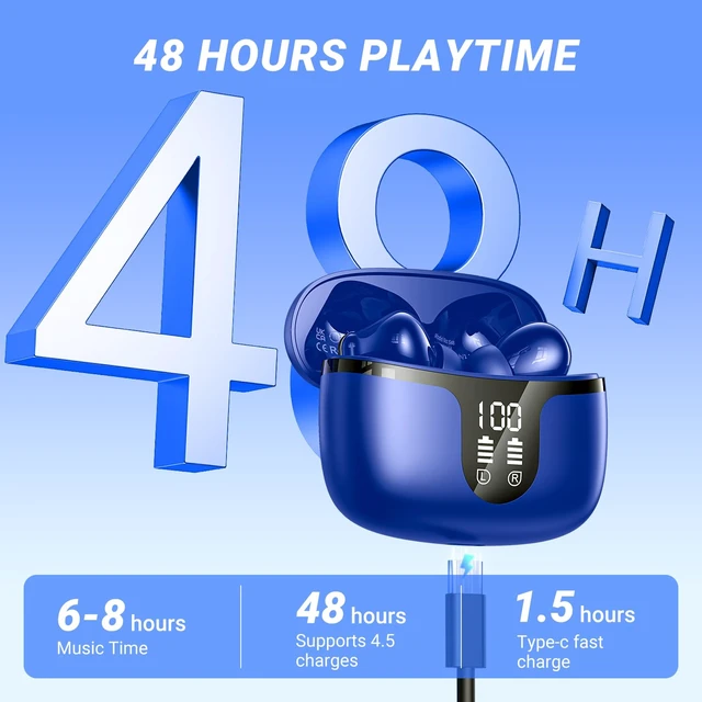 Alt view image 5 of 7 - Wireless Earbuds, Bluetooth 5.4 ear buds with 4 ENC Noise Cancelling Mics, Bluetooth Earbuds with 48H Playtime, IPX7 Waterproof Workout earbuds, Blue headphones HiFi Sound LED Display for iOS Android