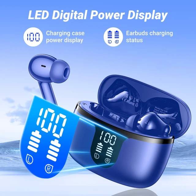 Alt view image 6 of 7 - Wireless Earbuds, Bluetooth 5.4 ear buds with 4 ENC Noise Cancelling Mics, Bluetooth Earbuds with 48H Playtime, IPX7 Waterproof Workout earbuds, Blue headphones HiFi Sound LED Display for iOS Android