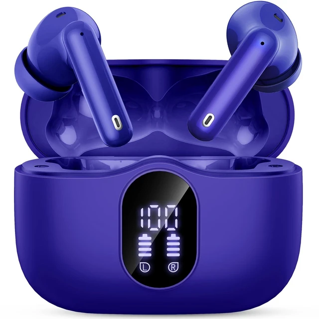 Main image of Bluetooth 5.4 Headphones Bass Stereo/Clear Call,Dark Blue | Ear Buds with Noise Cancelling Mic LED Display in Ear Earphones IP7 Waterproof 36H Bluetooth Earbuds for Phones/Sport/Laptop