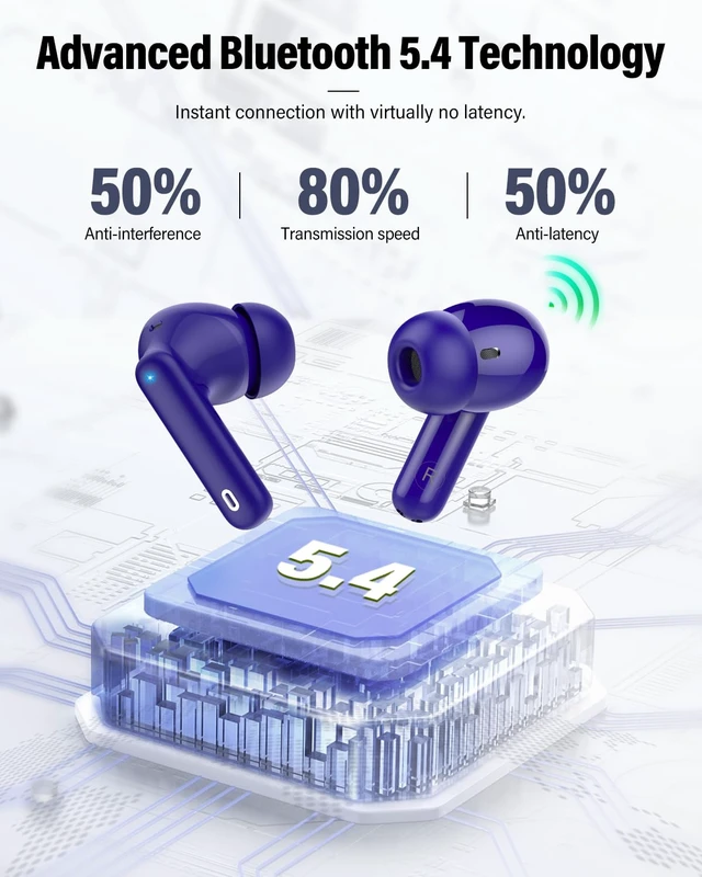 Alt view image 4 of 7 - Bluetooth 5.4 Headphones Bass Stereo/Clear Call,Dark Blue | Ear Buds with Noise Cancelling Mic LED Display in Ear Earphones IP7 Waterproof 36H Bluetooth Earbuds for Phones/Sport/Laptop