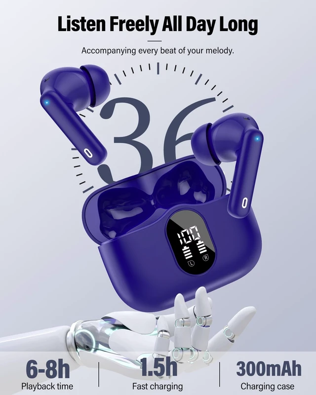 Alt view image 7 of 7 - Bluetooth 5.4 Headphones Bass Stereo/Clear Call,Dark Blue | Ear Buds with Noise Cancelling Mic LED Display in Ear Earphones IP7 Waterproof 36H Bluetooth Earbuds for Phones/Sport/Laptop