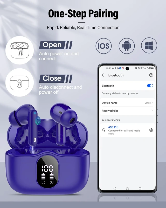 Alt view image 5 of 7 - Bluetooth 5.4 Headphones Bass Stereo/Clear Call,Dark Blue | Ear Buds with Noise Cancelling Mic LED Display in Ear Earphones IP7 Waterproof 36H Bluetooth Earbuds for Phones/Sport/Laptop