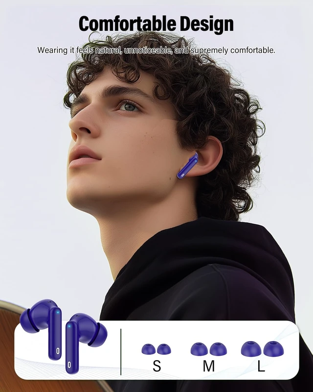 Alt view image 6 of 7 - Bluetooth 5.4 Headphones Bass Stereo/Clear Call,Dark Blue | Ear Buds with Noise Cancelling Mic LED Display in Ear Earphones IP7 Waterproof 36H Bluetooth Earbuds for Phones/Sport/Laptop