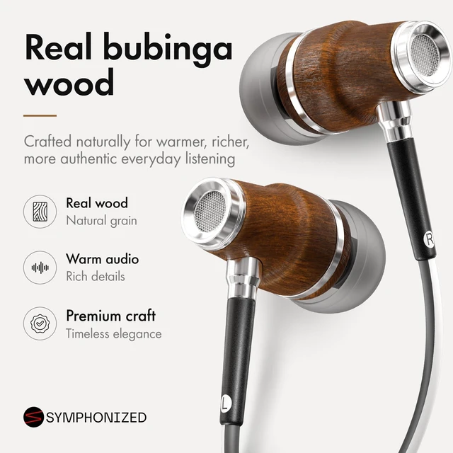 Alt view image 2 of 7 - Wooden Aux 3.5mm Jack Wired Earbuds for Laptop, Computer, Phone | HD Inline Microphone, Volume Control, Bubinga Wood, Deep Bass, 3 Ear Tip Sizes, Tangle Free Cord, Protective Case, Aux Cord