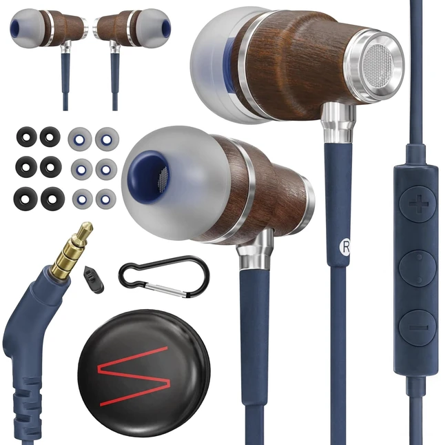 Main image of Symphonized Wooden Aux 3.5mm Jack Wired Earbuds for Laptop, Computer, Phone | HD Inline Microphone, Volume Control, Bubinga Wood, Deep Bass, 3 Ear Tip Sizes, Tangle Free Cord, Protective Case