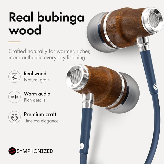 Alt view image 2 of 7 - Symphonized Wooden Aux 3.5mm Jack Wired Earbuds for Laptop, Computer, Phone | HD Inline Microphone, Volume Control, Bubinga Wood, Deep Bass, 3 Ear Tip Sizes, Tangle Free Cord, Protective Case