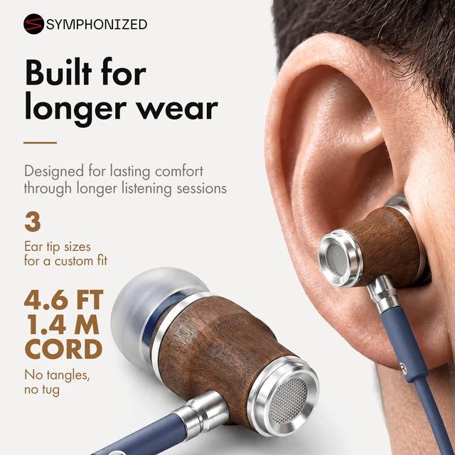 Alt view image 5 of 7 - Symphonized Wooden Aux 3.5mm Jack Wired Earbuds for Laptop, Computer, Phone | HD Inline Microphone, Volume Control, Bubinga Wood, Deep Bass, 3 Ear Tip Sizes, Tangle Free Cord, Protective Case
