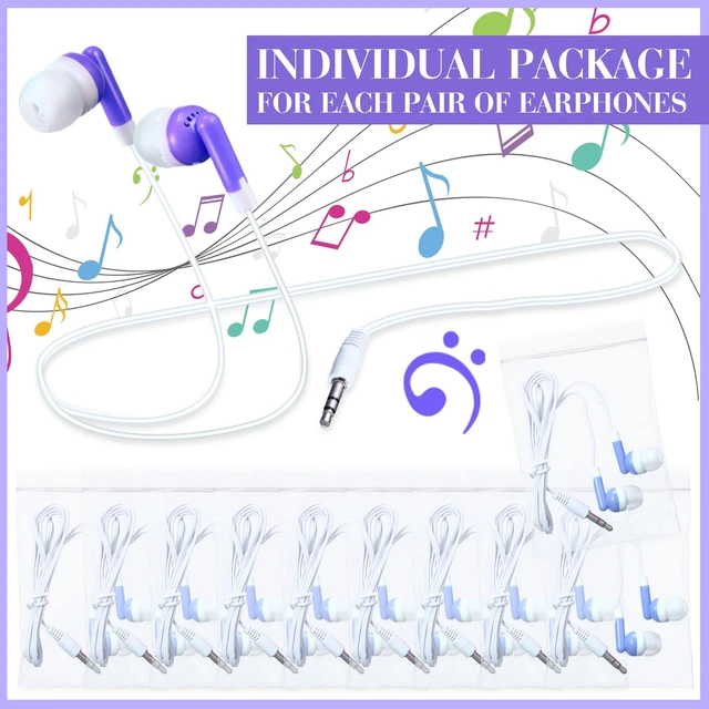 Alt view image 2 of 6 - Konohan 100 Pcs Wired Earbuds Bulk for Classroom 3.5mm Jack,Purple | Soft In Ear Headphones Bulk for School Library Laptop No Mic Earbuds Classroom Students Testing, Individually Wrapped