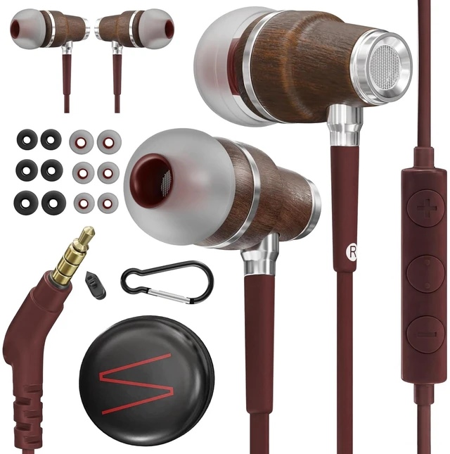 Main image of Symphonized Wooden Aux 3.5mm Jack Wired Earbuds for Laptop, Computer, Phone | HD Inline Microphone, Volume Control, Bubinga Wood, Deep Bass, 3 Ear Tip Sizes, Tangle Free Cord, Protective Case